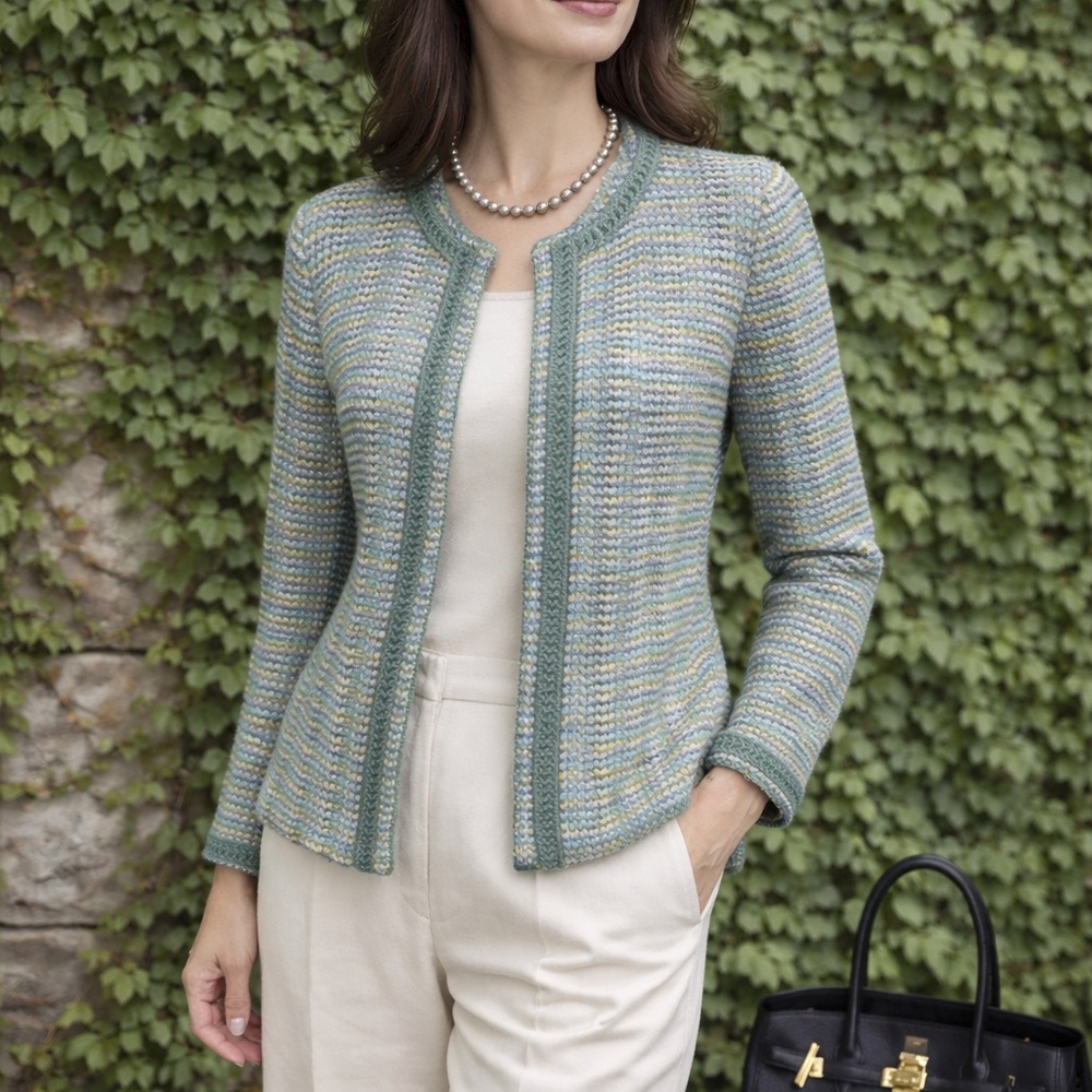 PERUVIAN CONNECTION Chic Tweed Pima Cotton Jacket/Sweater in Green and Blue, S